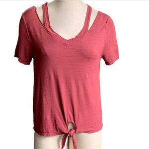 Takara S Rose Pink Tie Waist Cutout Neck Short Sleeve Tee Top 39F